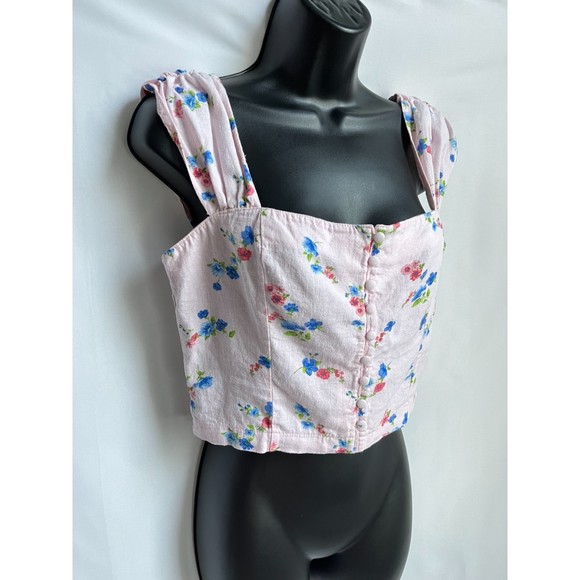 Forever 21 Barbiecore Linen Crop Top Floral Size M Ruffles Pink Button Front - Picture 7 of 10